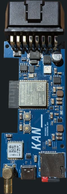 Photo of the KAN_1 board, top view, OBD-II connector at the top